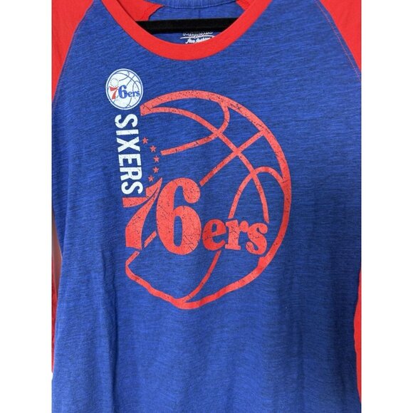Majestic NBA Philadelphia 76ers Women’s Scalloped Red And Blue Shirt Sz Large - Picture 2 of 9